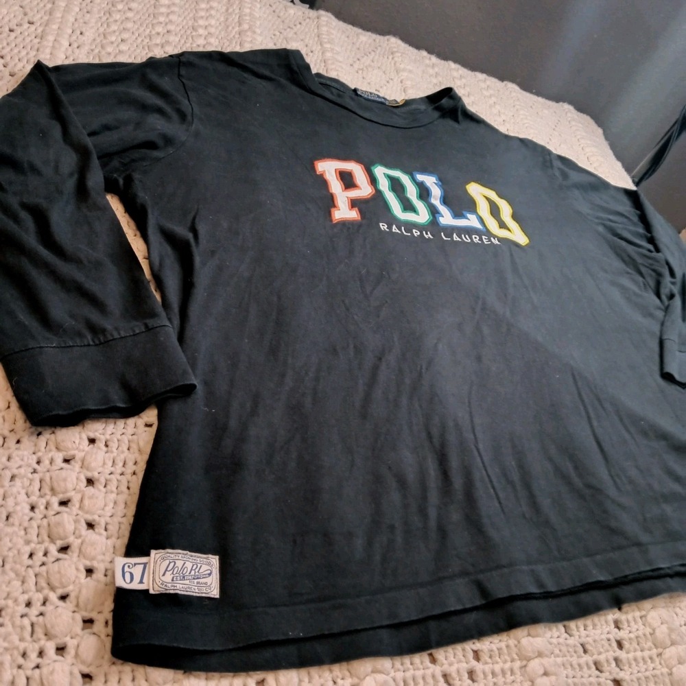 Polo Ralph Lauren Men Big & Tall Patch Logo Long Sleeve Shirt 2XLT Spellout Blk